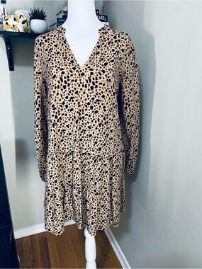 GAP Tan and Black Leopard Print V-Neck Long Sleeve Dress